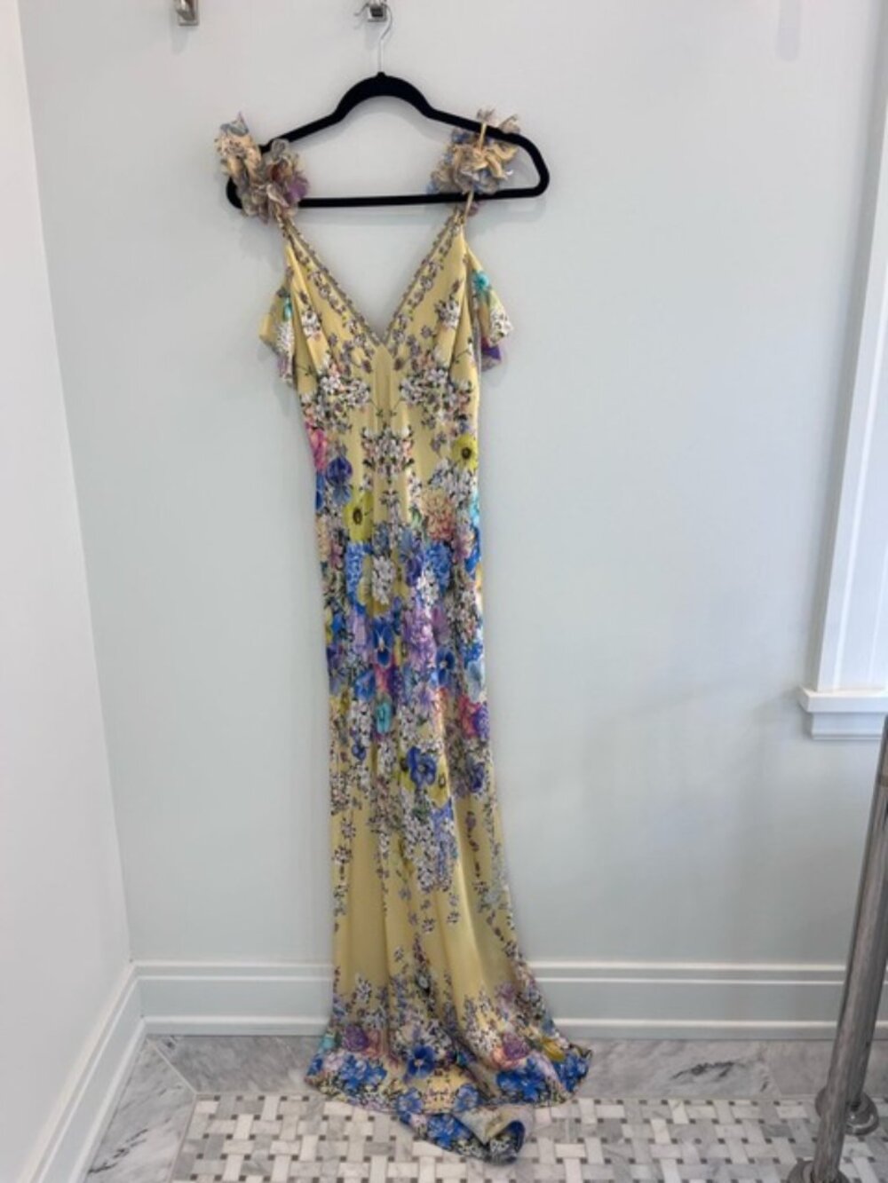 Camilla Embellished floral ruffled silk satin maxi dress - Size Small - Picture 4 of 9